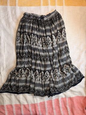 Boho Black & Cream Printed Maxi Skirt with Smocked Waist
